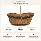 Size chart for the large oval willow market basket showing 49 cm length, 32 cm width and 19 cm height without handle