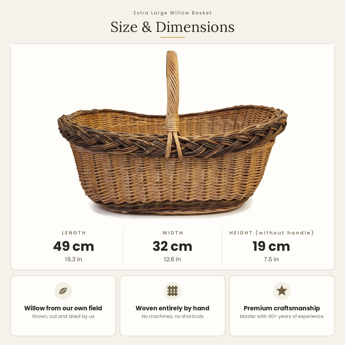 Size chart for the large oval willow market basket showing 49 cm length, 32 cm width and 19 cm height without handle