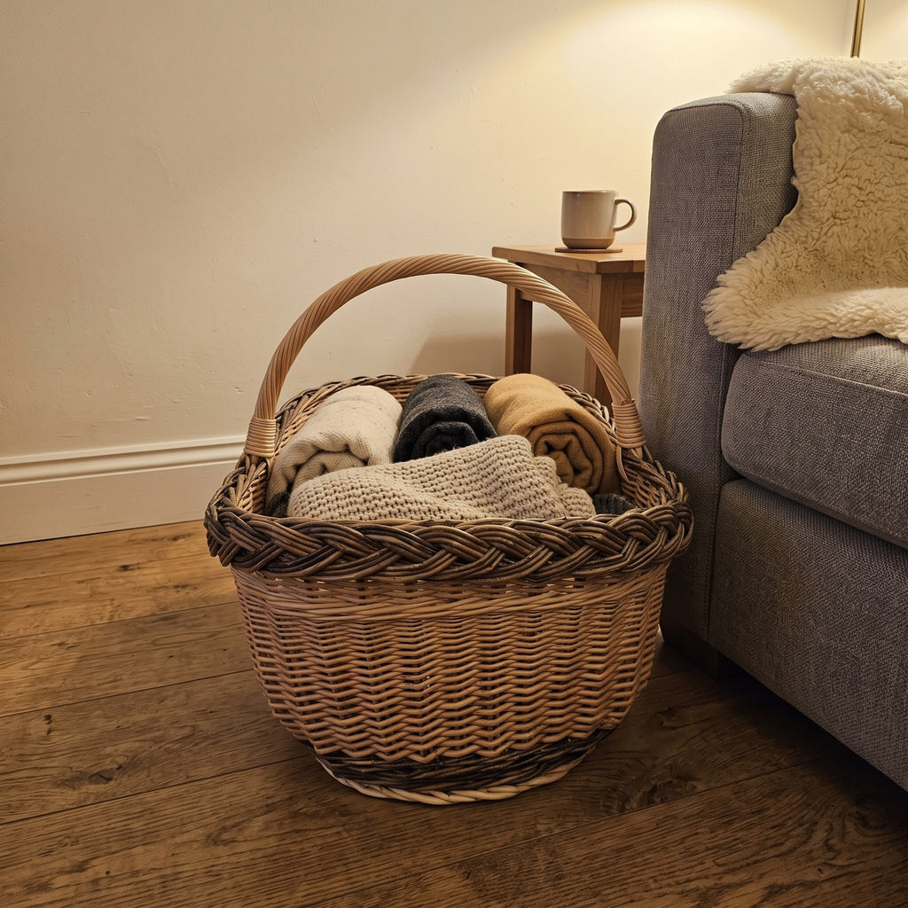 Large wicker blanket basket with handle holding folded throws on a wooden floor next to a sofa in a living room