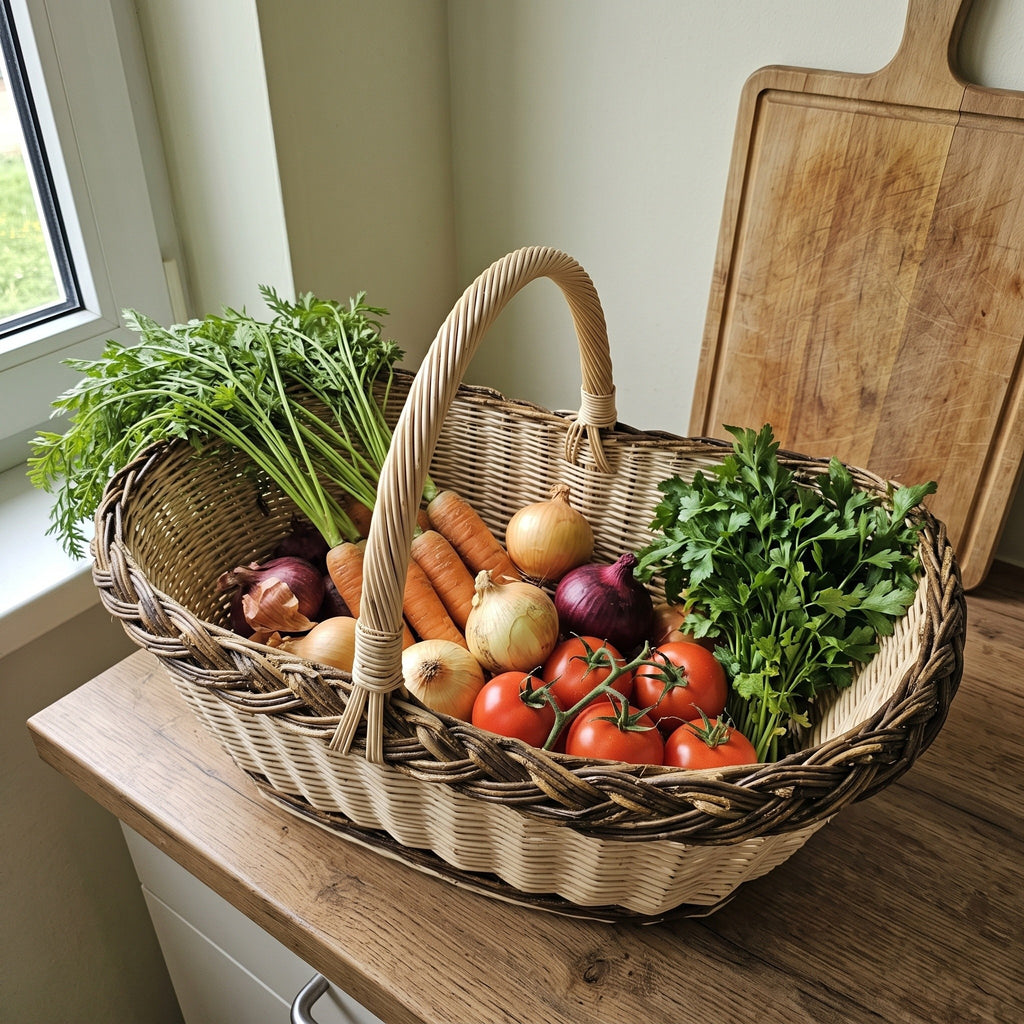 Large oval wicker vegetable basket with handle full of carrots, onions, tomatoes and herbs on a kitchen counter