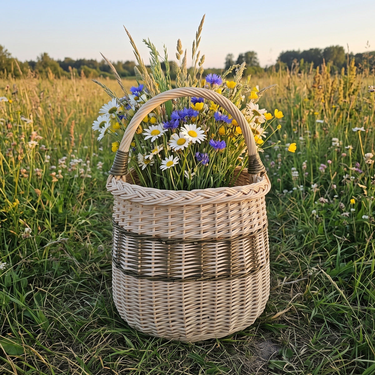 Tall handwoven willow storage basket with an arched handle holding a bunch of daisies and cornflowers in a summer meadow