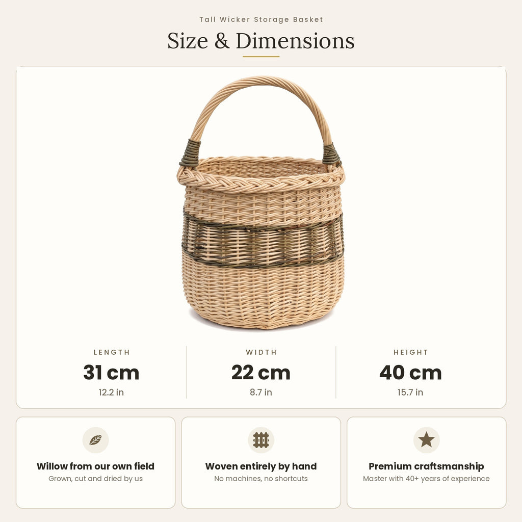 Size chart for the tall wicker storage basket with handle showing 31 cm length, 22 cm width and 40 cm height