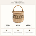 Size chart for the tall wicker storage basket with handle showing 31 cm length, 22 cm width and 40 cm height