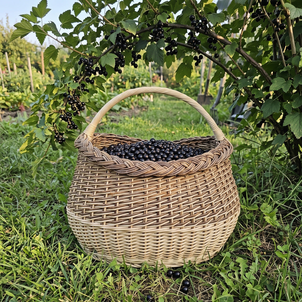 Deep oval foraging basket with braided rim and curved handle, handwoven from willow and filled with blackcurrants under a currant bush in the garden.
