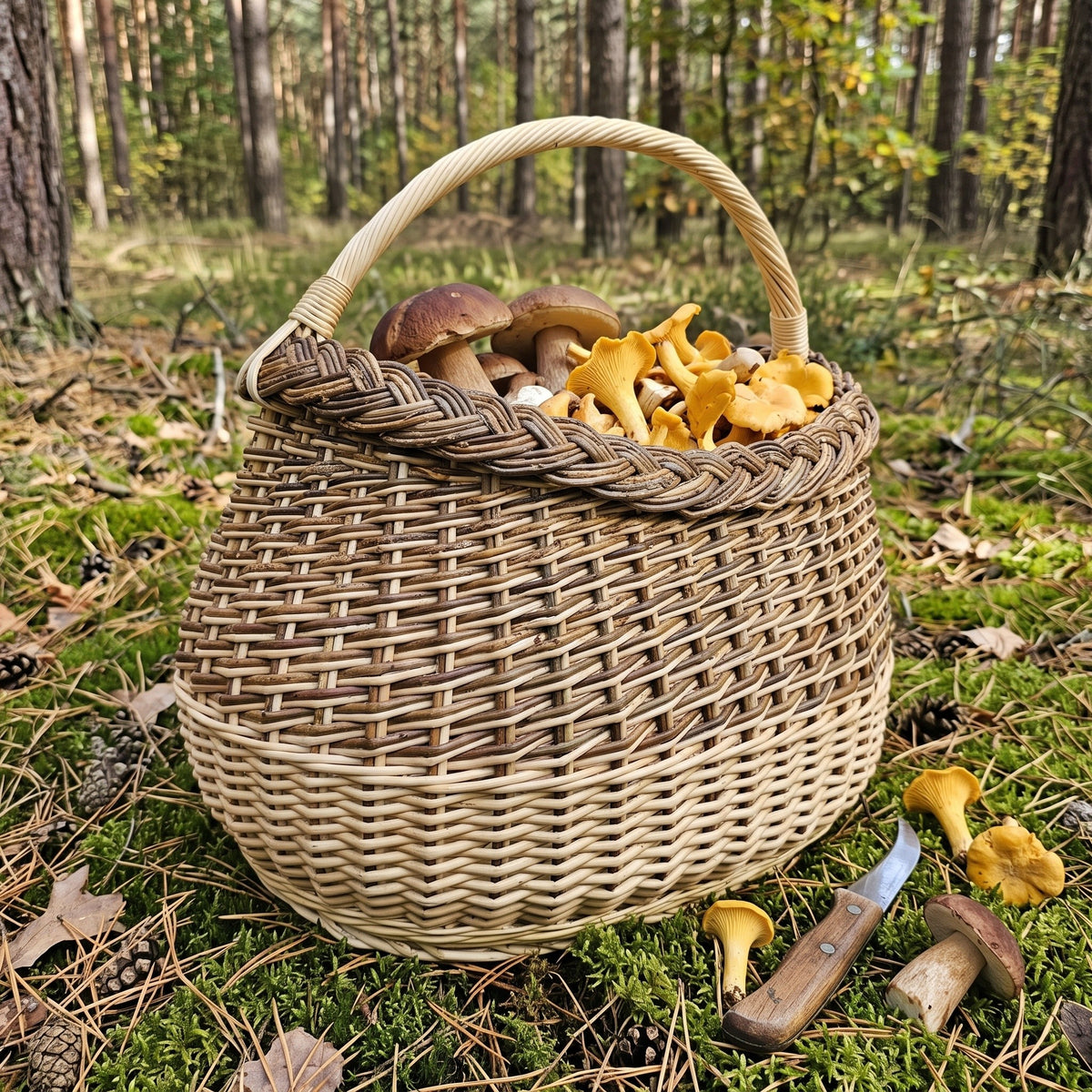 Deep wicker mushroom basket filled with porcini and chanterelles on the pine forest floor, a foraging knife and more mushrooms beside it.