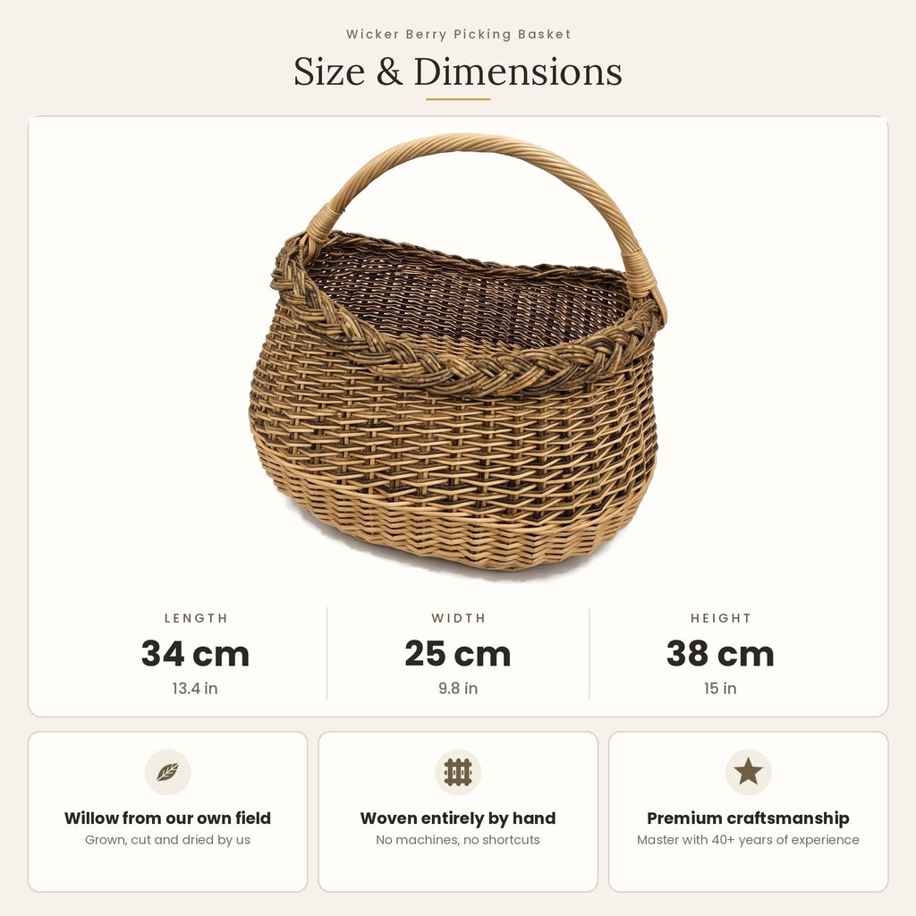 Size chart for the handwoven wicker berry picking basket showing 34 cm length, 25 cm width and 38 cm height.