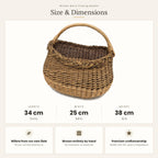 Size chart for the handwoven wicker berry picking basket showing 34 cm length, 25 cm width and 38 cm height.