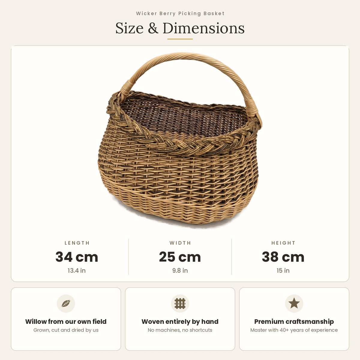 Size chart for the handwoven wicker berry picking basket showing 34 cm length, 25 cm width and 38 cm height.