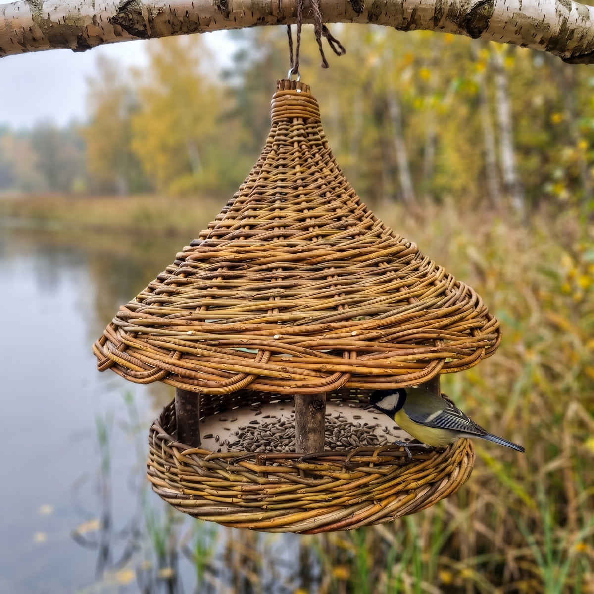 Handwoven willow bird feeder with a cone roof hanging from a birch branch by a lake, a great tit perched on the round seed tray among autumn reeds.