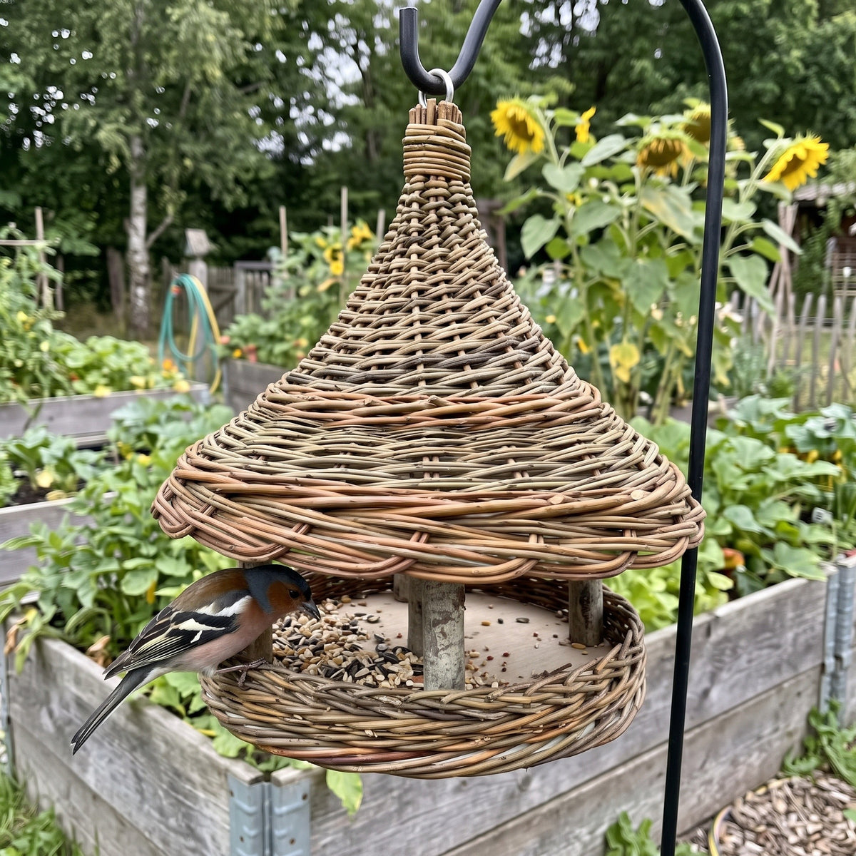 Wicker bird feeder with cone roof hanging from a garden hook above raised vegetable beds, a chaffinch feeding on seeds with sunflowers behind.