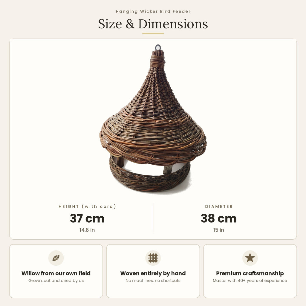 Size chart for the hanging wicker bird feeder showing 37 cm height with cord and 38 cm diameter, with notes on willow grown and woven by hand.
