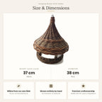 Size chart for the hanging wicker bird feeder showing 37 cm height with cord and 38 cm diameter, with notes on willow grown and woven by hand.