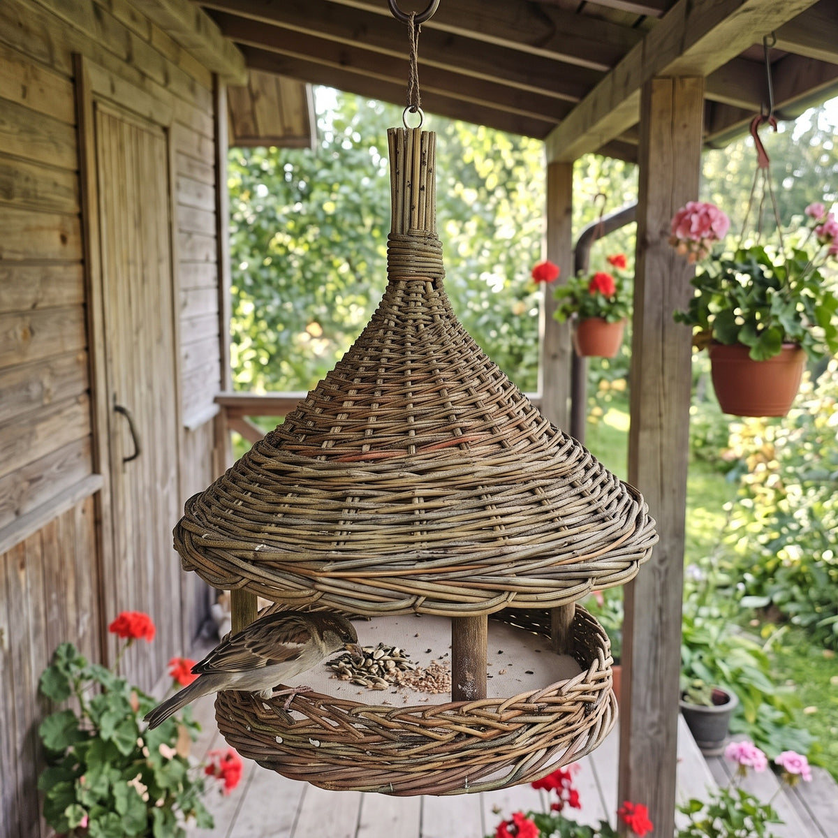 Willow bird feeder with a tall woven top hanging from a wooden porch beam, a sparrow eating seed from the tray beside pots of red geraniums.