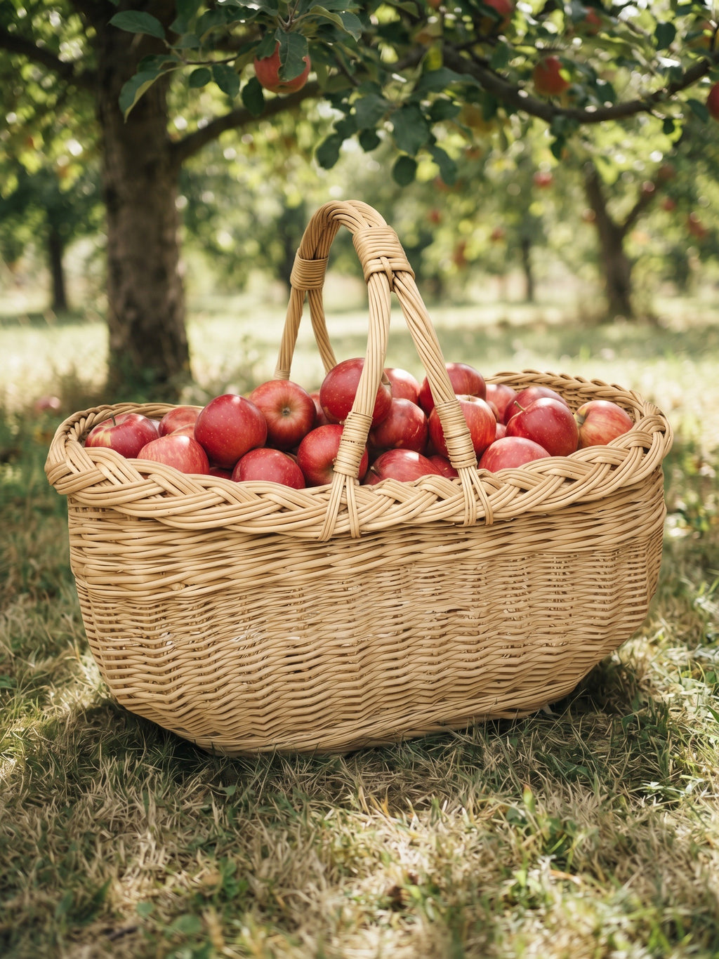 Oval wicker apple picking basket with two handles filled with red apples on the grass under an apple tree in an orchard