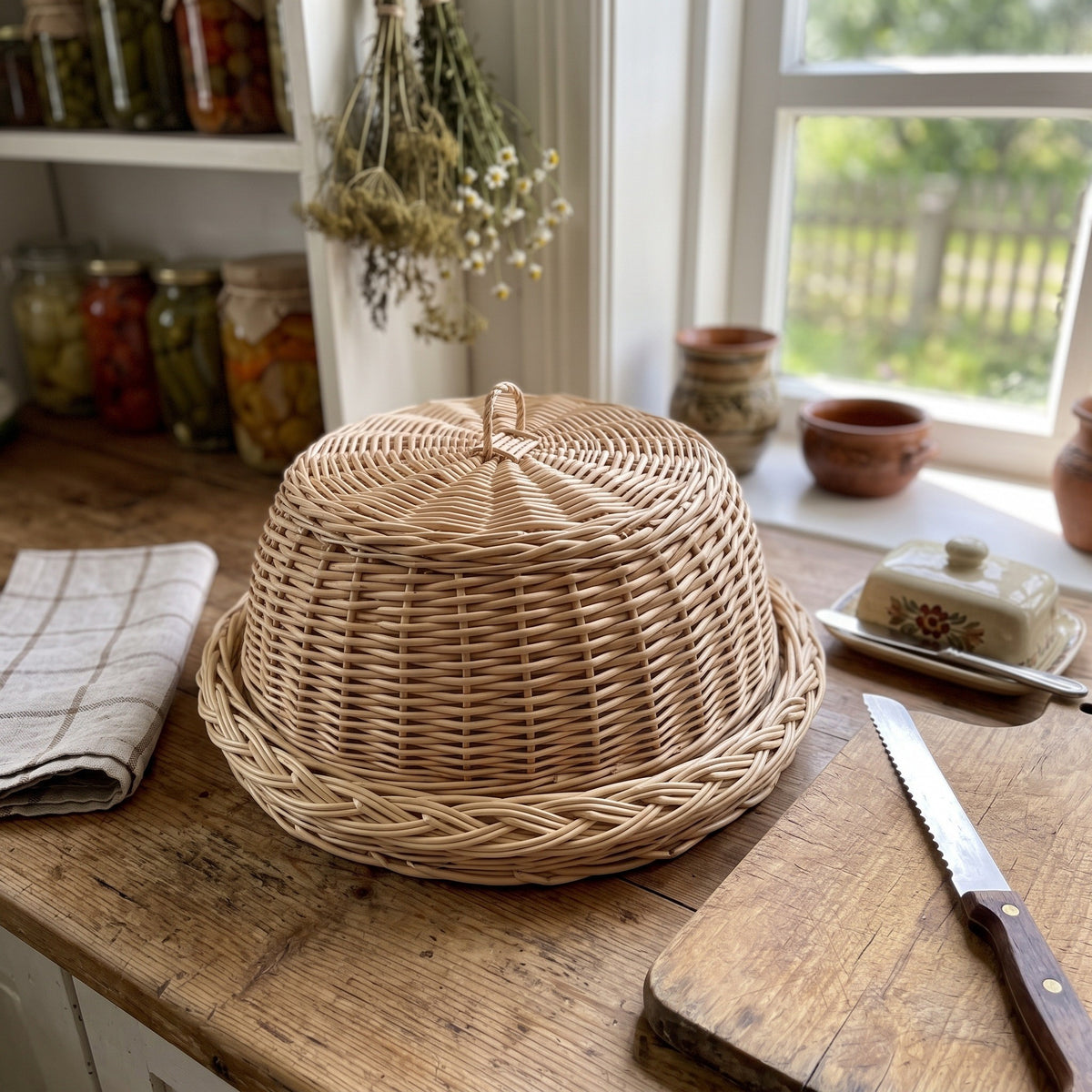 Handwoven willow bread cloche with a loop handle covering its round braided tray on a farmhouse kitchen table beside a bread knife and butter dish