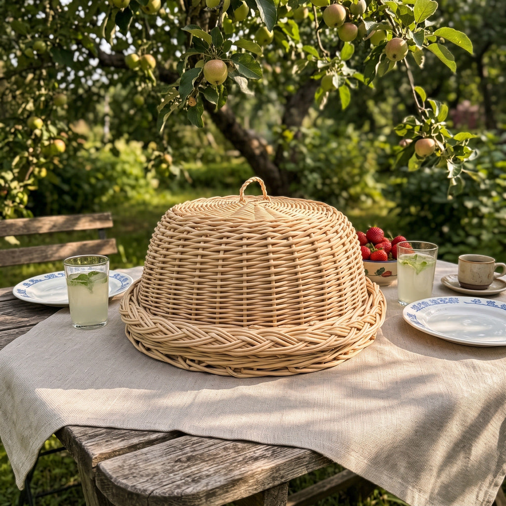 Wicker food dome on its round tray on a garden table under an apple tree, set for lunch with lemonade, strawberries and plates