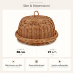 Size chart for the handwoven willow bread cloche with tray showing 38 cm diameter and 20 cm height