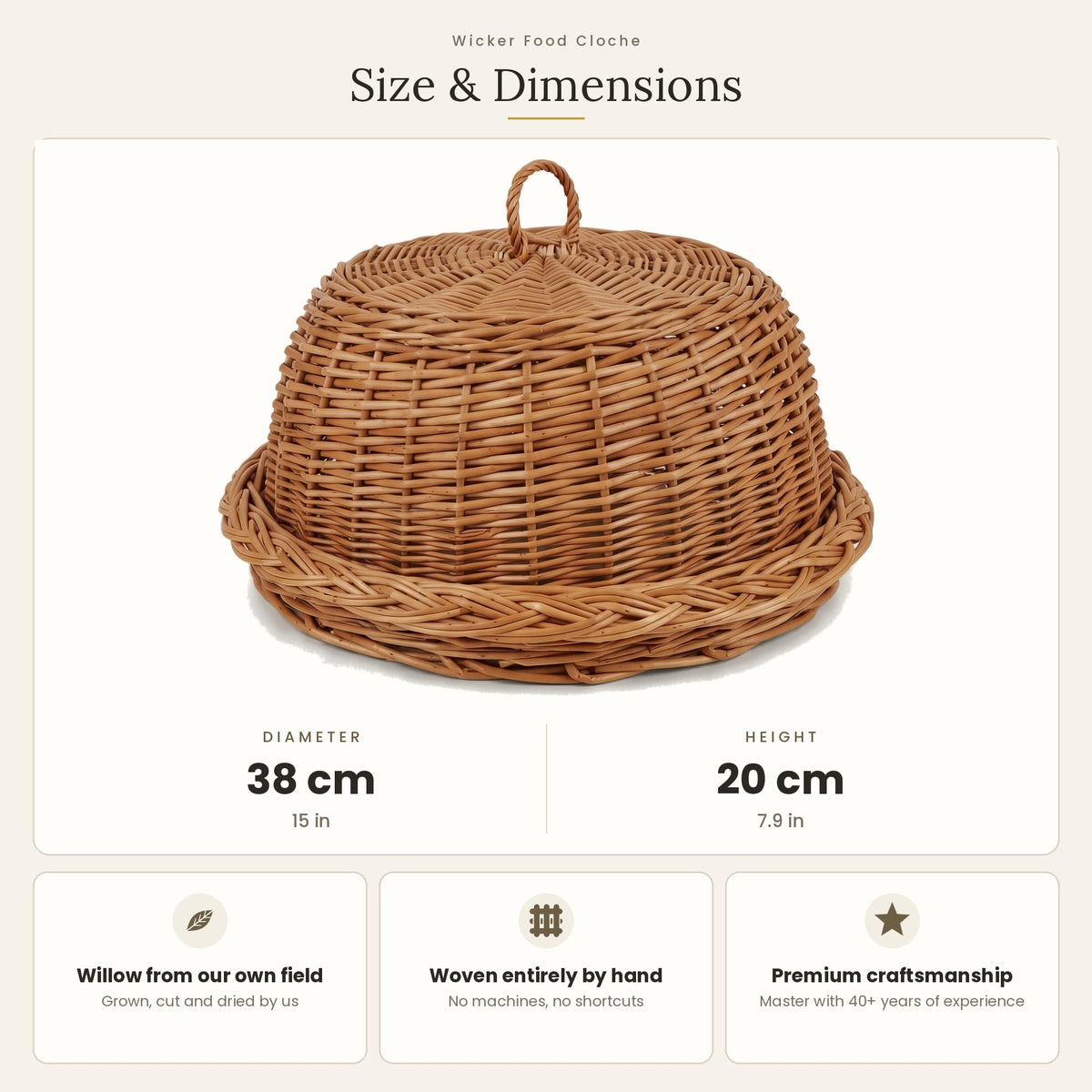 Size chart for the handwoven willow bread cloche with tray showing 38 cm diameter and 20 cm height