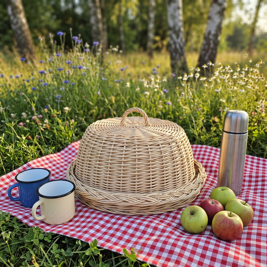 Willow food cover on its matching round tray on a red checked picnic blanket in a meadow, with enamel mugs, a thermos and apples