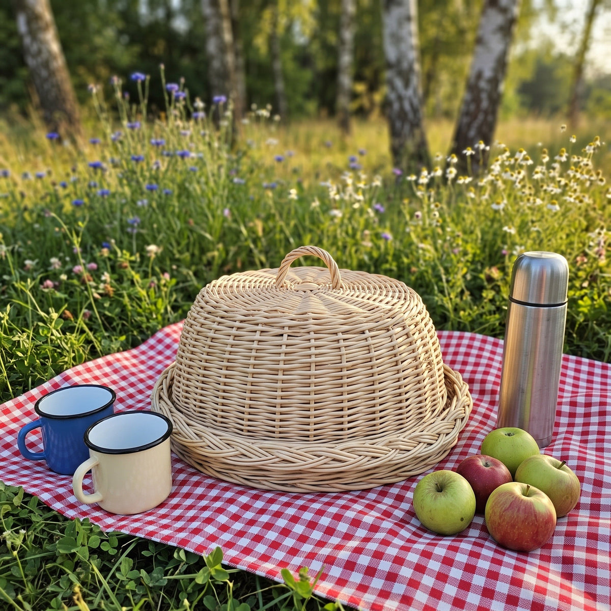 Willow food cover on its matching round tray on a red checked picnic blanket in a meadow, with enamel mugs, a thermos and apples