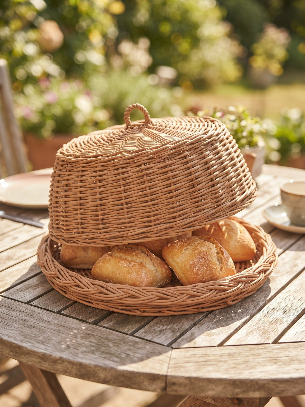 Wicker bread cloche lifted above its braided tray to show fresh bread rolls, on a wooden garden table in the sun