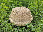 Handmade willow bread dome on its matching tray in tall green grass, showing the braided tray rim and the small top handle