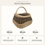 Size chart for the large square handwoven willow gathering basket showing 40 cm length, 40 cm width and 34 cm height.