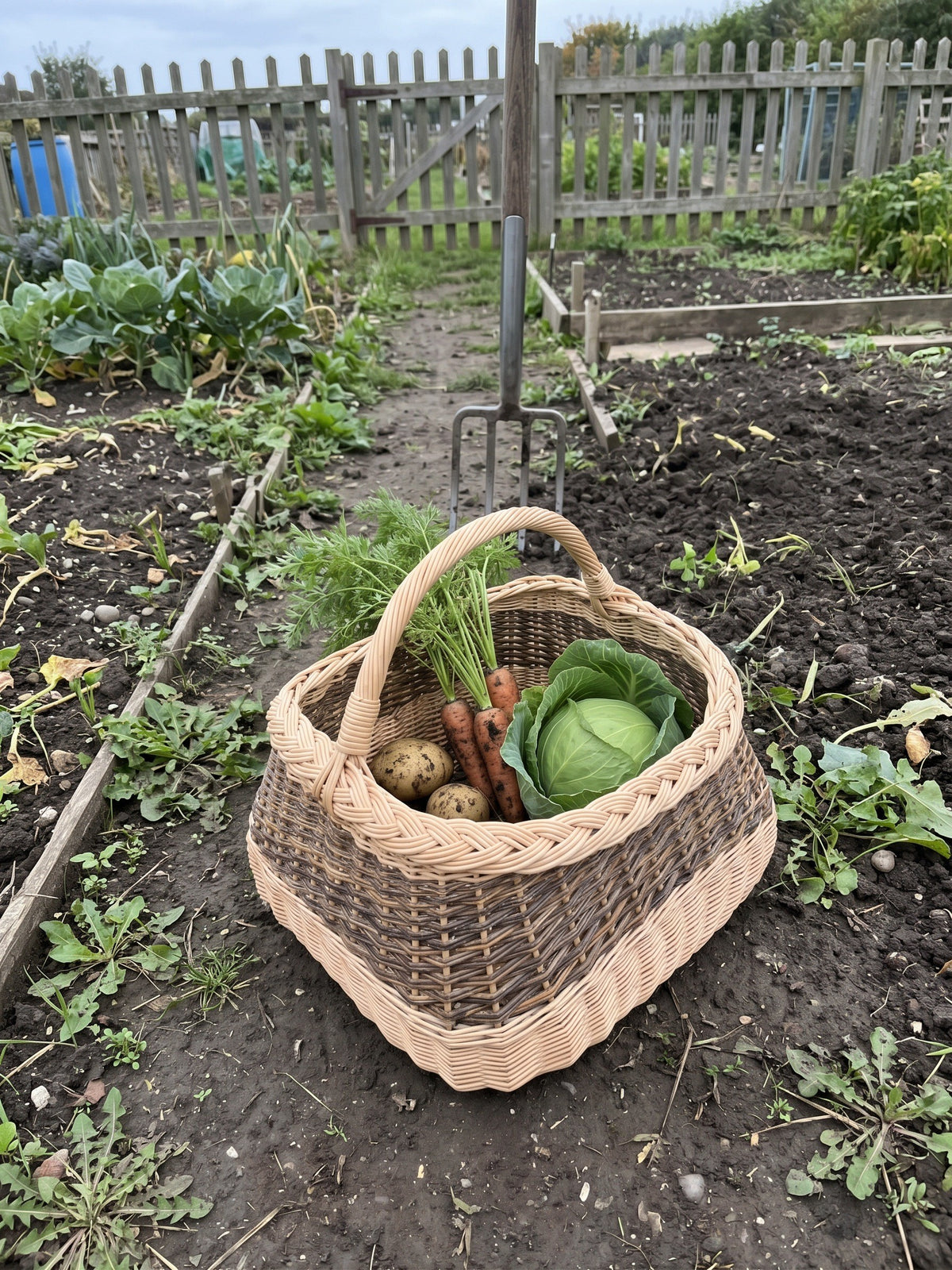 Large gathering basket woven from willow holding carrots, potatoes and a cabbage between vegetable beds in a garden with a fork in the soil.