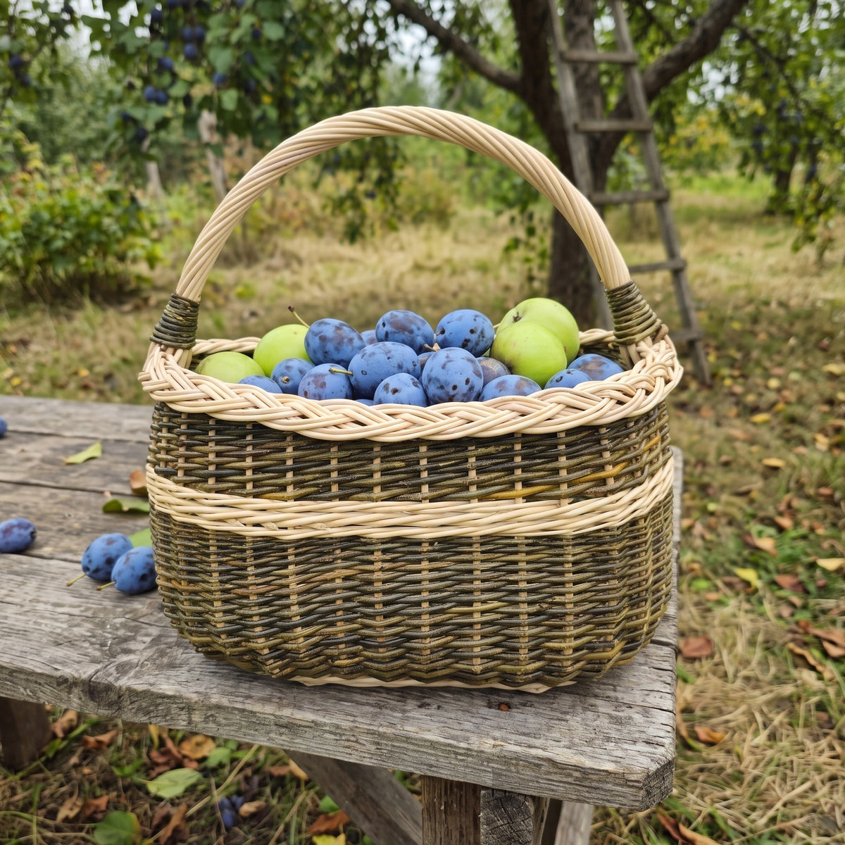 Oval wicker market basket with handle filled with plums and green apples, handwoven from willow with a braided rim, on a wooden table in an orchard.