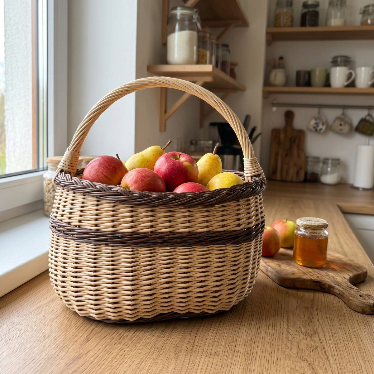 Handwoven willow market basket with a tall handle holding red apples and pears on a wooden kitchen worktop beside a jar of honey.