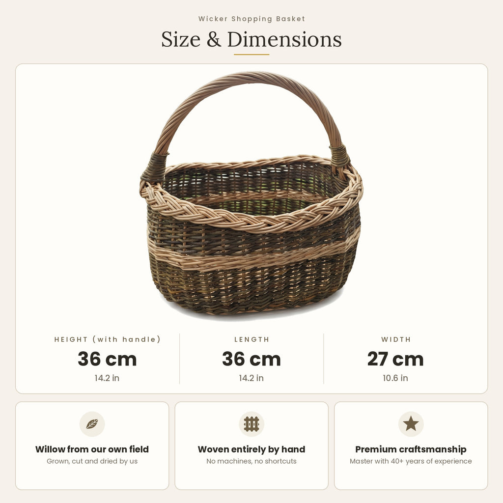 Size chart for the oval wicker market basket showing 36 cm height with handle, 36 cm length and 27 cm width.