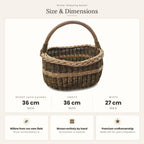 Size chart for the oval wicker market basket showing 36 cm height with handle, 36 cm length and 27 cm width.
