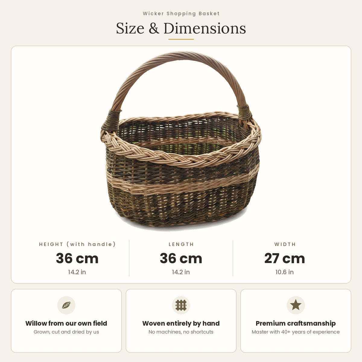 Size chart for the oval wicker market basket showing 36 cm height with handle, 36 cm length and 27 cm width.
