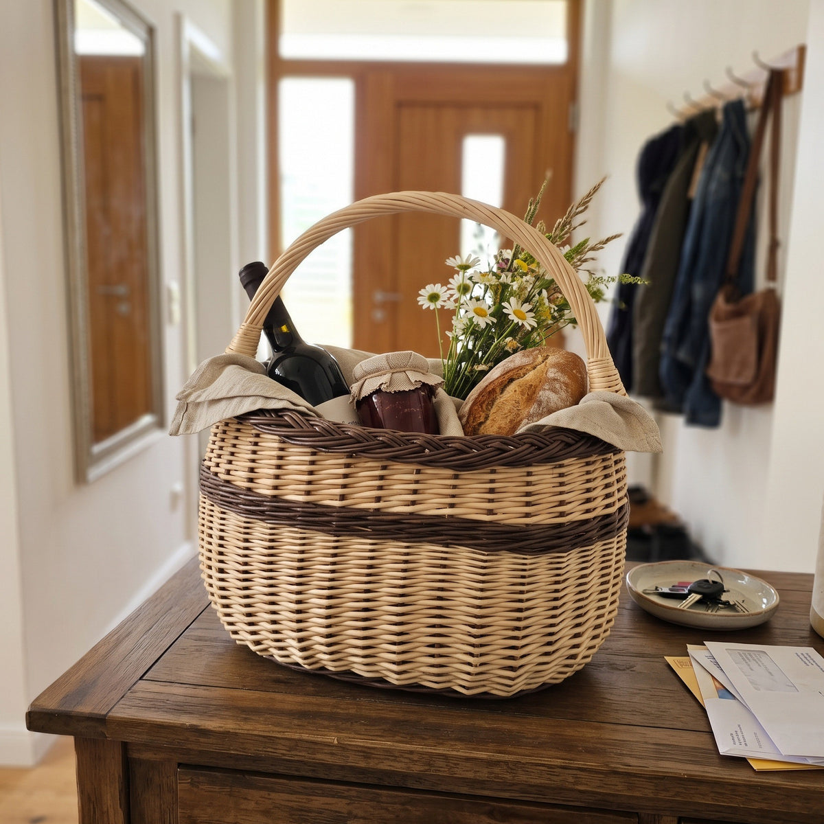Willow market basket with handle carrying a bottle of wine, a loaf of bread, a jar and field flowers on a wooden hallway dresser.