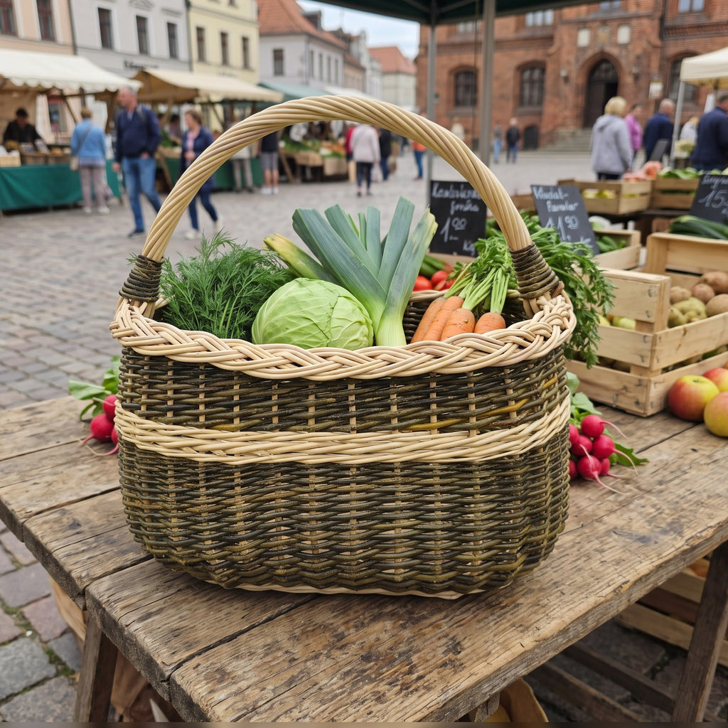 Oval wicker shopping basket full of cabbage, leeks, carrots, dill and radishes on a wooden stall at an old town farmers market.