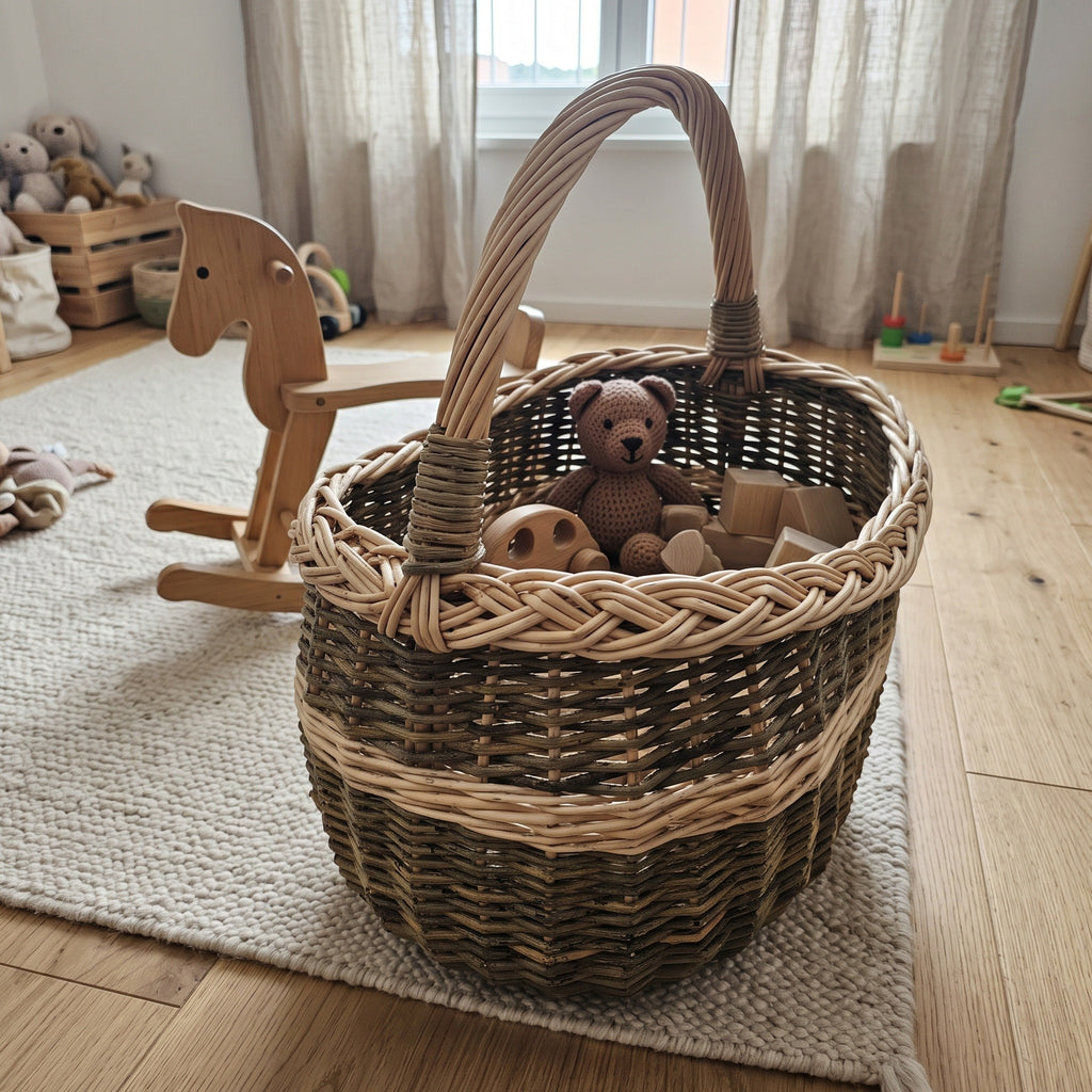 Handwoven willow basket with handle used as toy storage, holding a teddy bear and wooden toys in a children's room next to a rocking horse.