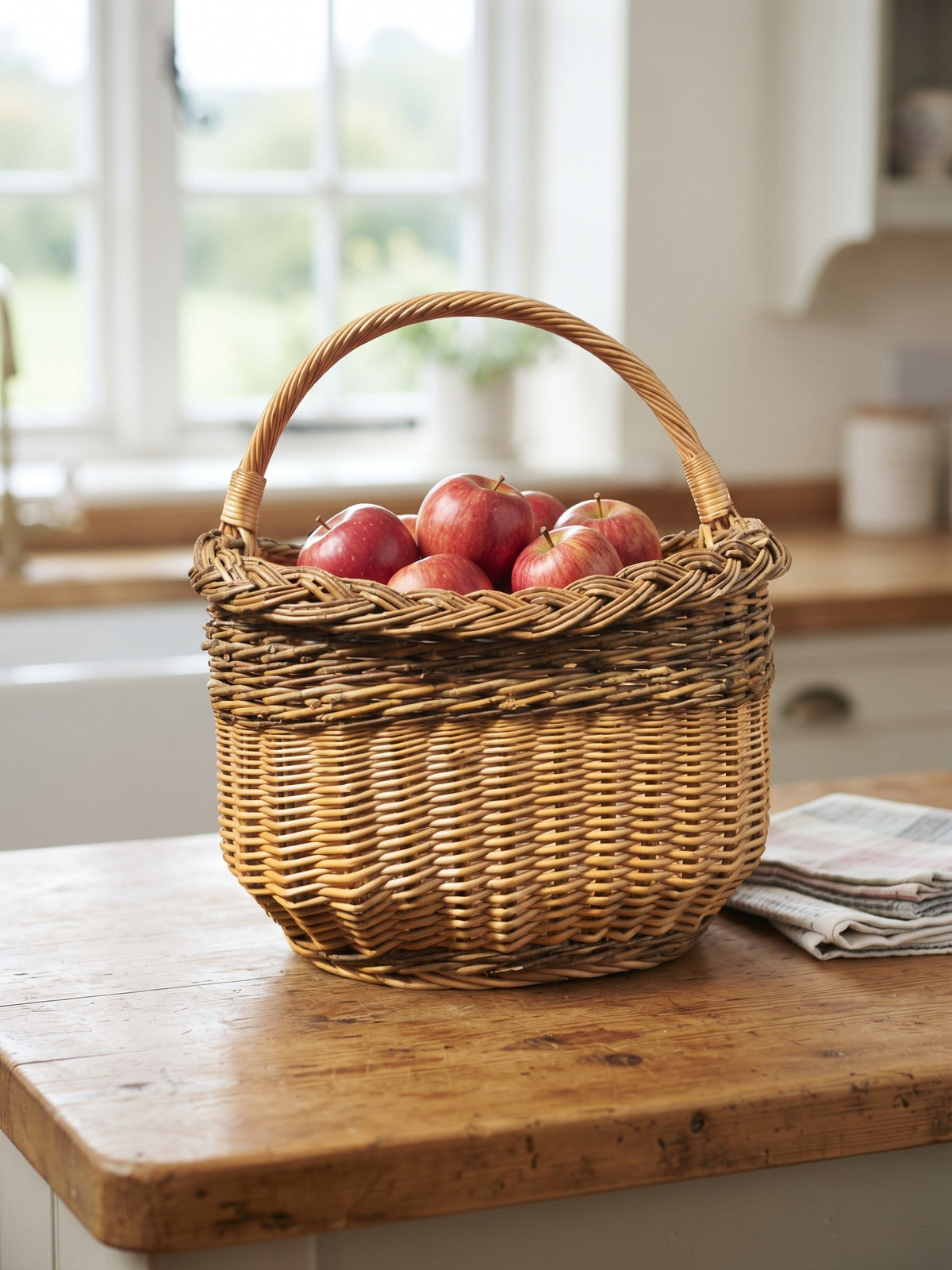 Wicker harvest basket with a tall handle filled with red apples on a wooden kitchen counter near a bright window