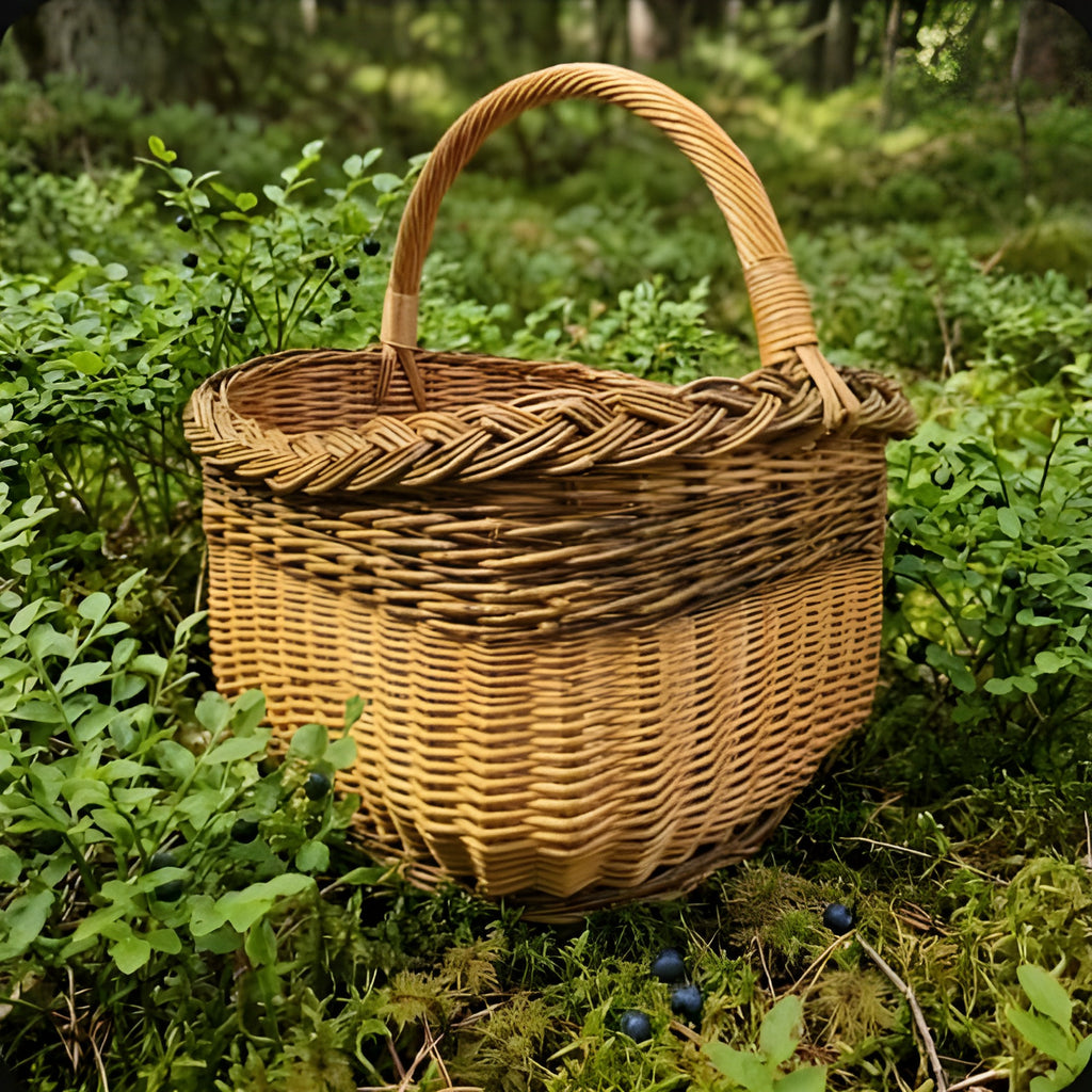 Wicker harvest basket with braided willow rim and tall curved handle among blueberry bushes on a forest floor