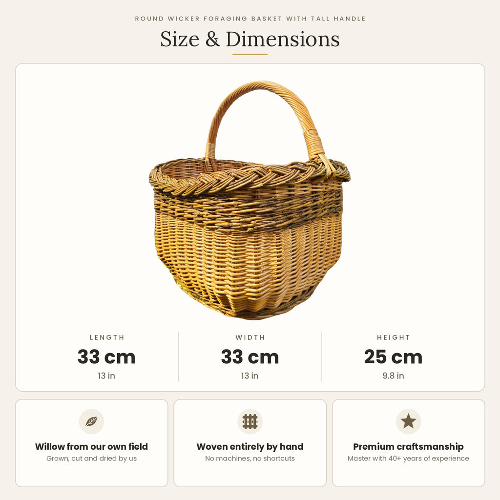 Size chart for the wicker garden harvest basket with tall handle showing 33 cm length, 33 cm width and 25 cm height