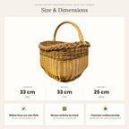 Size chart for the wicker garden harvest basket with tall handle showing 33 cm length, 33 cm width and 25 cm height