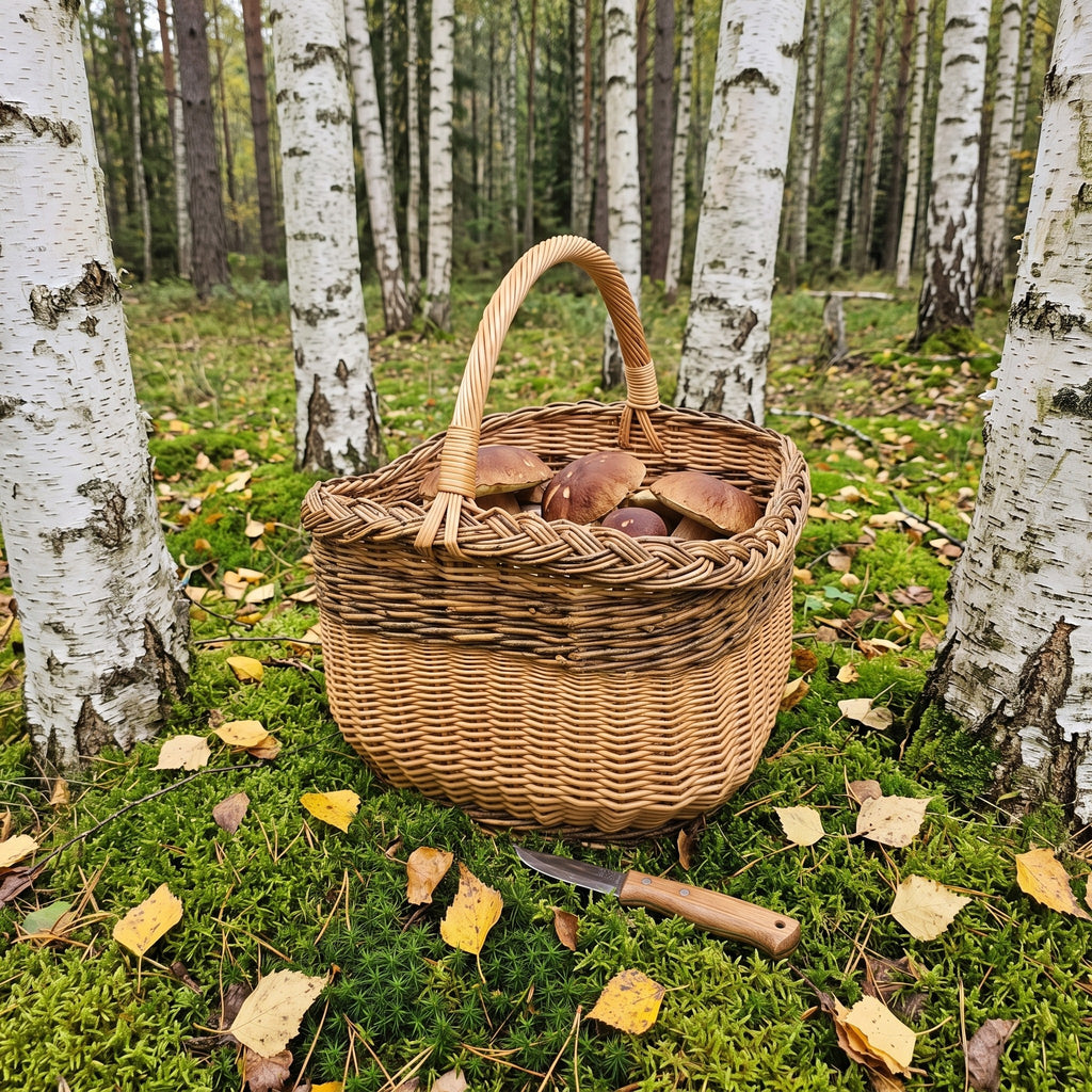 Wicker mushroom foraging basket with tall handle holding porcini among birch trees, with a wooden-handled knife on the moss