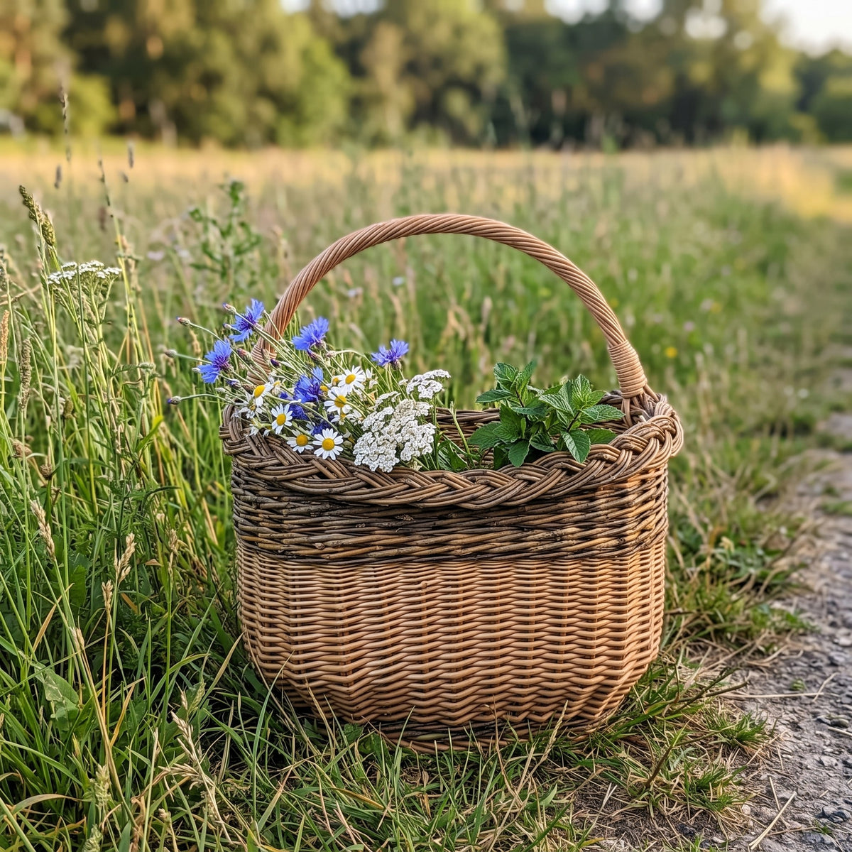 Garden harvest basket with braided willow rim holding cornflowers, daisies and herbs in tall summer meadow grass