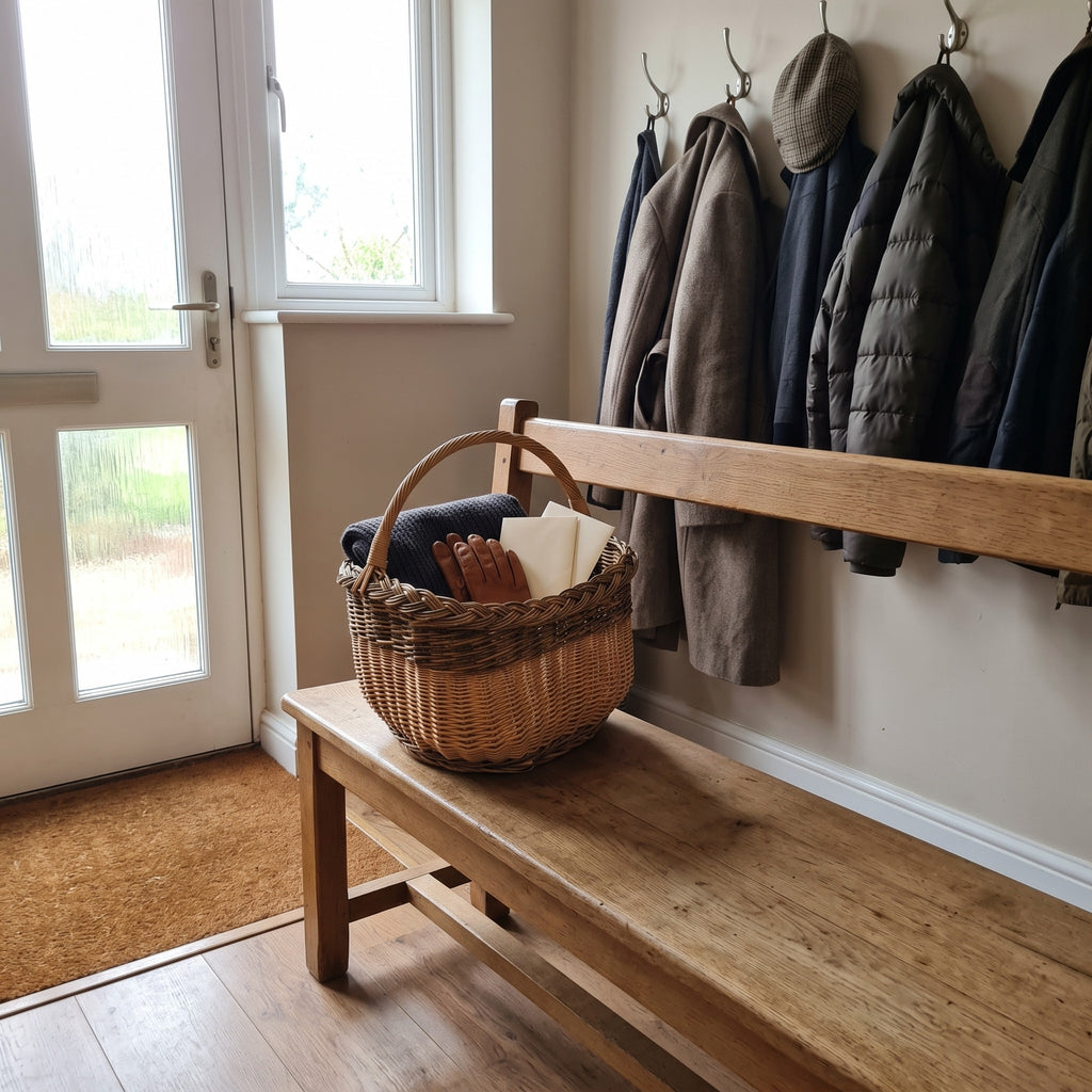 Handwoven willow basket with a tall handle holding gloves and a scarf on a wooden hallway bench beside hanging coats