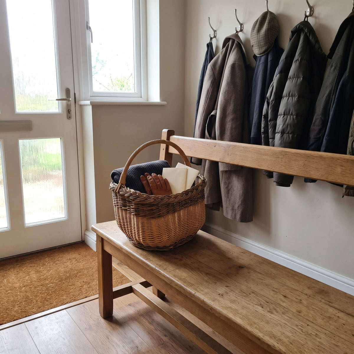 Handwoven willow basket with a tall handle holding gloves and a scarf on a wooden hallway bench beside hanging coats