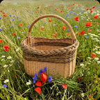 Wicker harvest basket with tall curved handle standing in a wildflower meadow full of poppies and cornflowers