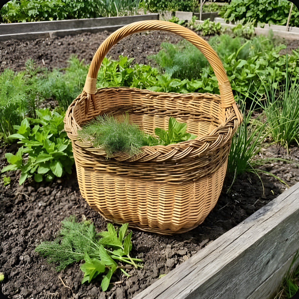 Handwoven willow herb basket with tall handle holding fresh dill and mint on the edge of a raised vegetable bed