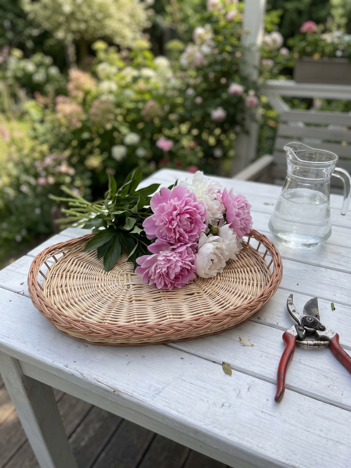 Handwoven willow serving platter with a braided rim holding a bunch of peonies on a white garden table next to a water jug and pruning shears
