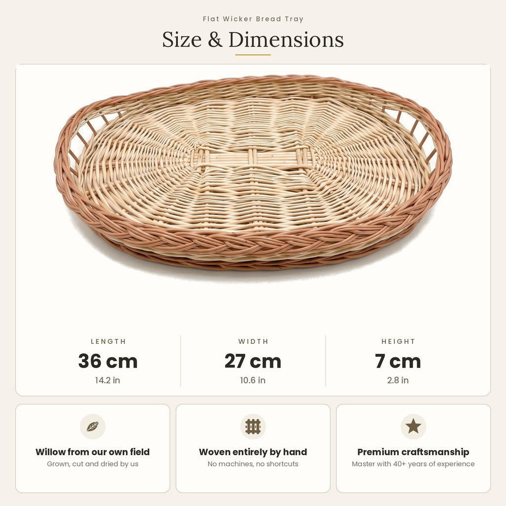 Size chart for the oval wicker bread tray showing 36 cm length, 27 cm width and 7 cm height
