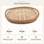Size chart for the oval wicker bread tray showing 36 cm length, 27 cm width and 7 cm height