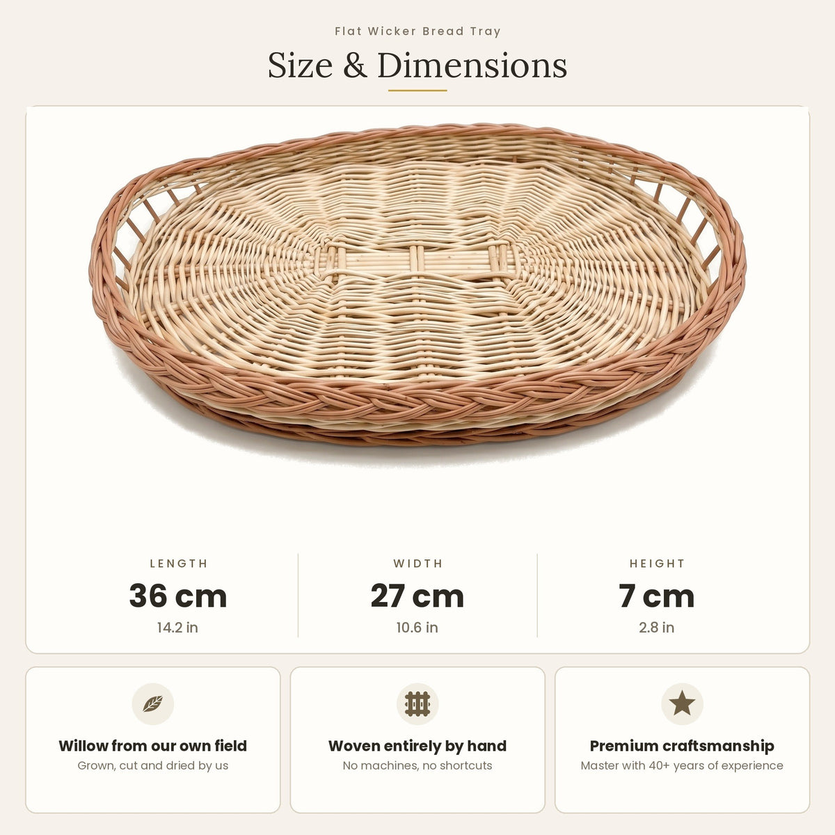 Size chart for the oval wicker bread tray showing 36 cm length, 27 cm width and 7 cm height